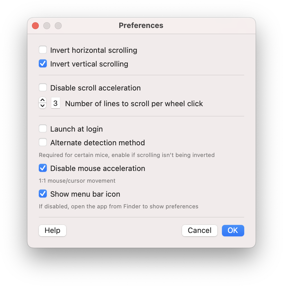 Screenshot of UnnaturalScrollWheels settings